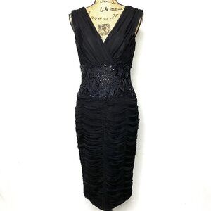 Tadashi Collection Silk Sheath Dress Black Embellished Ruched Sleeveless Midi